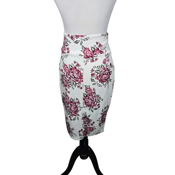 No Comment Size Large White Floral Print High Waist Pull-On Bodycon Skirt - Picture 1 of 7